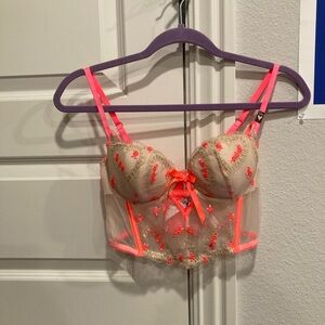Victoria's Secret Neon Pink and Cream Embroidered Bra
